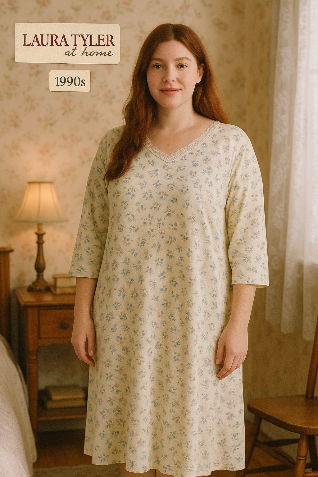 Vintage 90s Laura Tyler Floral Nightgown L Lace Neck Short Sleeve Cottagecore