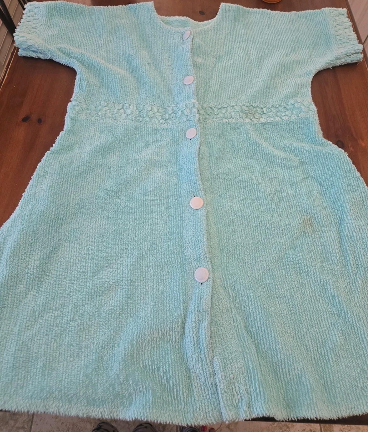 VTG Stan Herman Turquoise Chenille Short Robe House Dress Sz L Button Front S/S