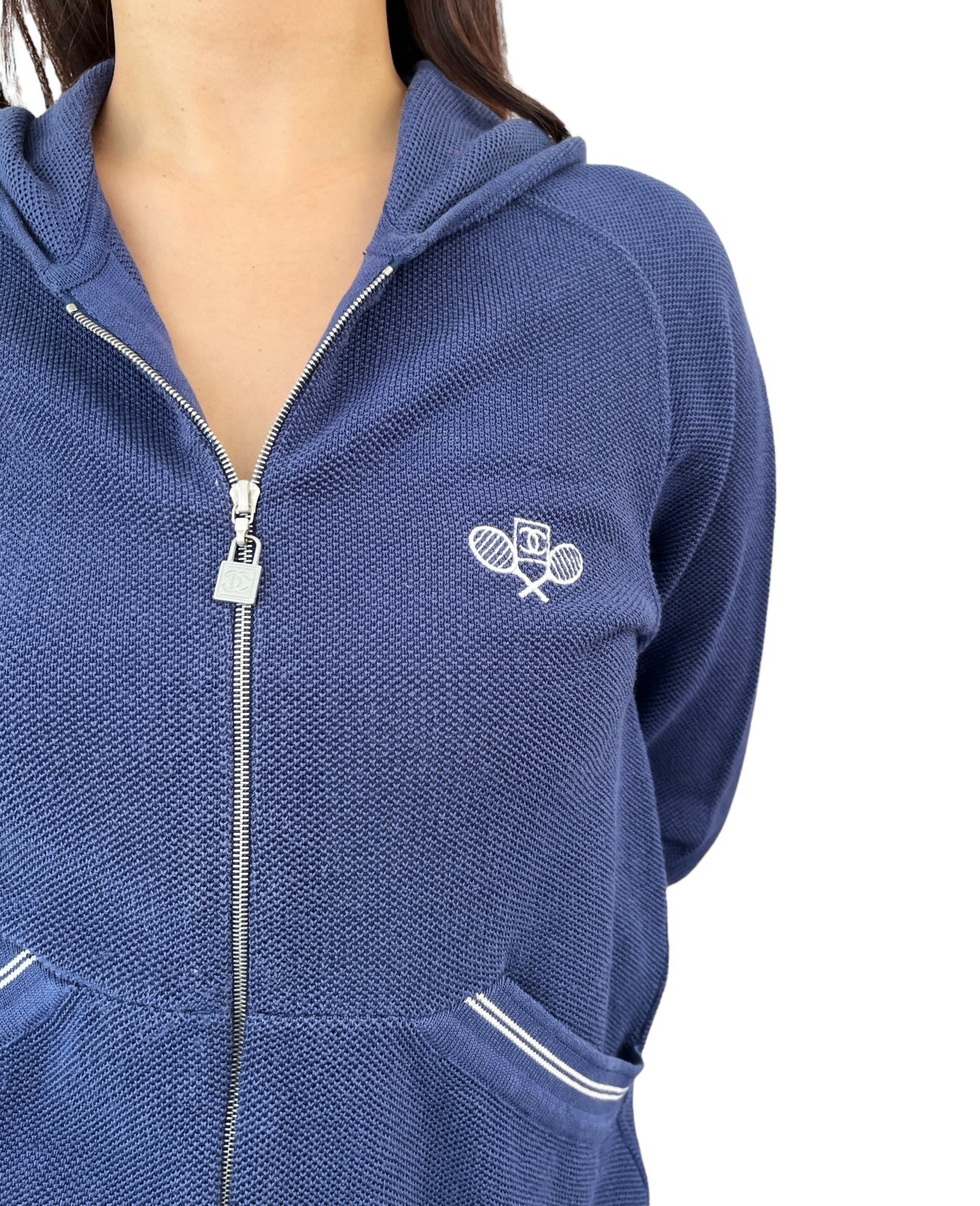 CHANEL Sport Vintage 05P CC Tennis Zipped Hoodie Jacket #38 Dark Blue Cotton