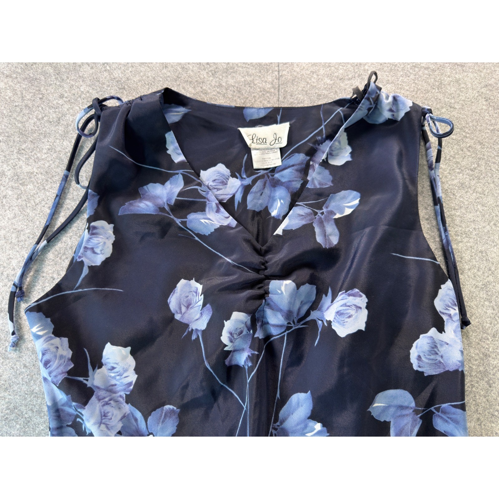 Lisa Jo Floral Midi Dress Women Large Navy Blue Vintage 90s Y2K Tie Shoulder