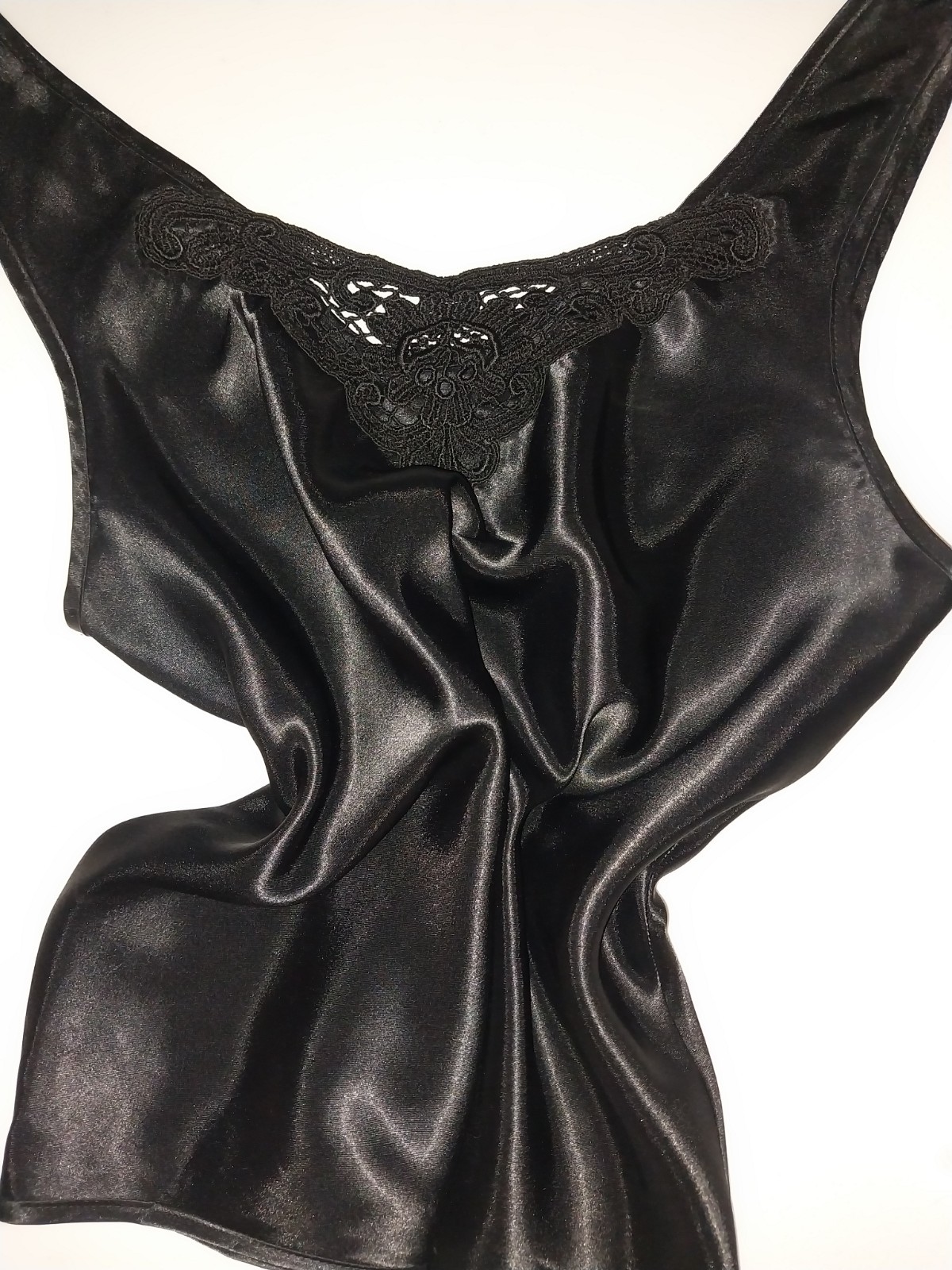 VTG SATIN LIQUID SHINY VENICE LACE INSERT LUXE FARR WEST ESQUE CAMI M