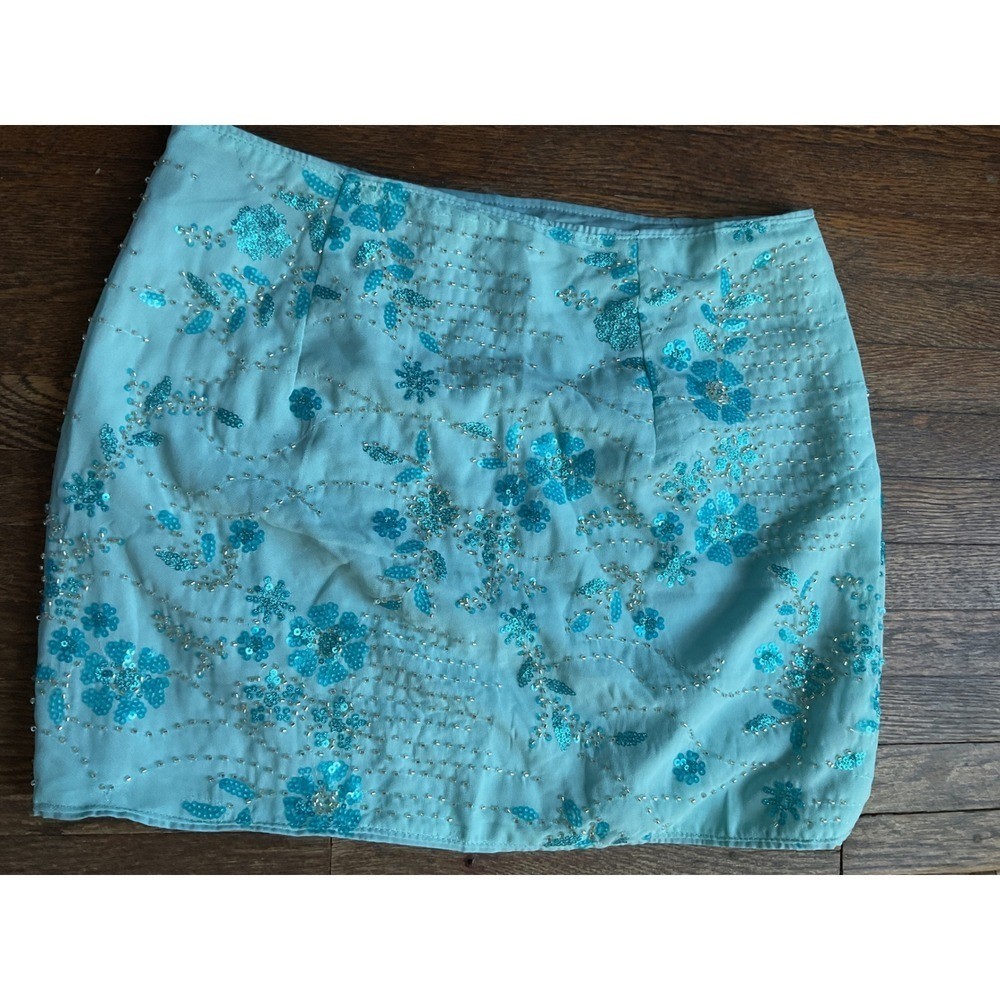 Vintage Light Blue Floral Beaded Sequin Mini Skirt High Rise Side Zip Lined
