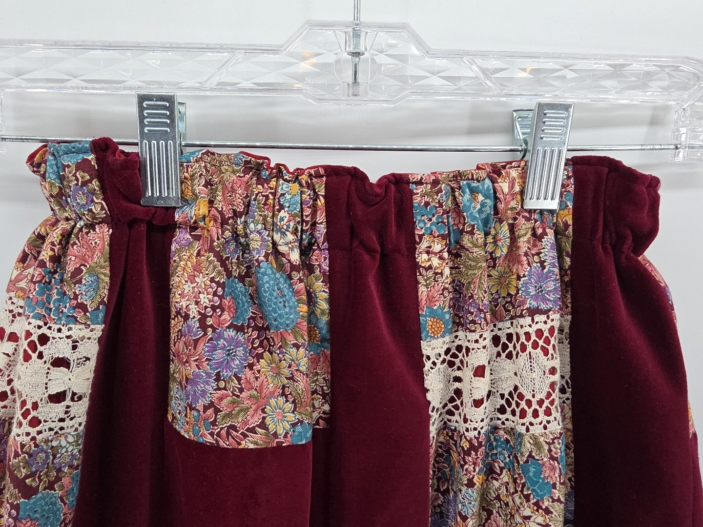 70s Floral Lace Patchwork Maroon White Long Skirt Cotton Blend Mr. Hank Sz L EUC