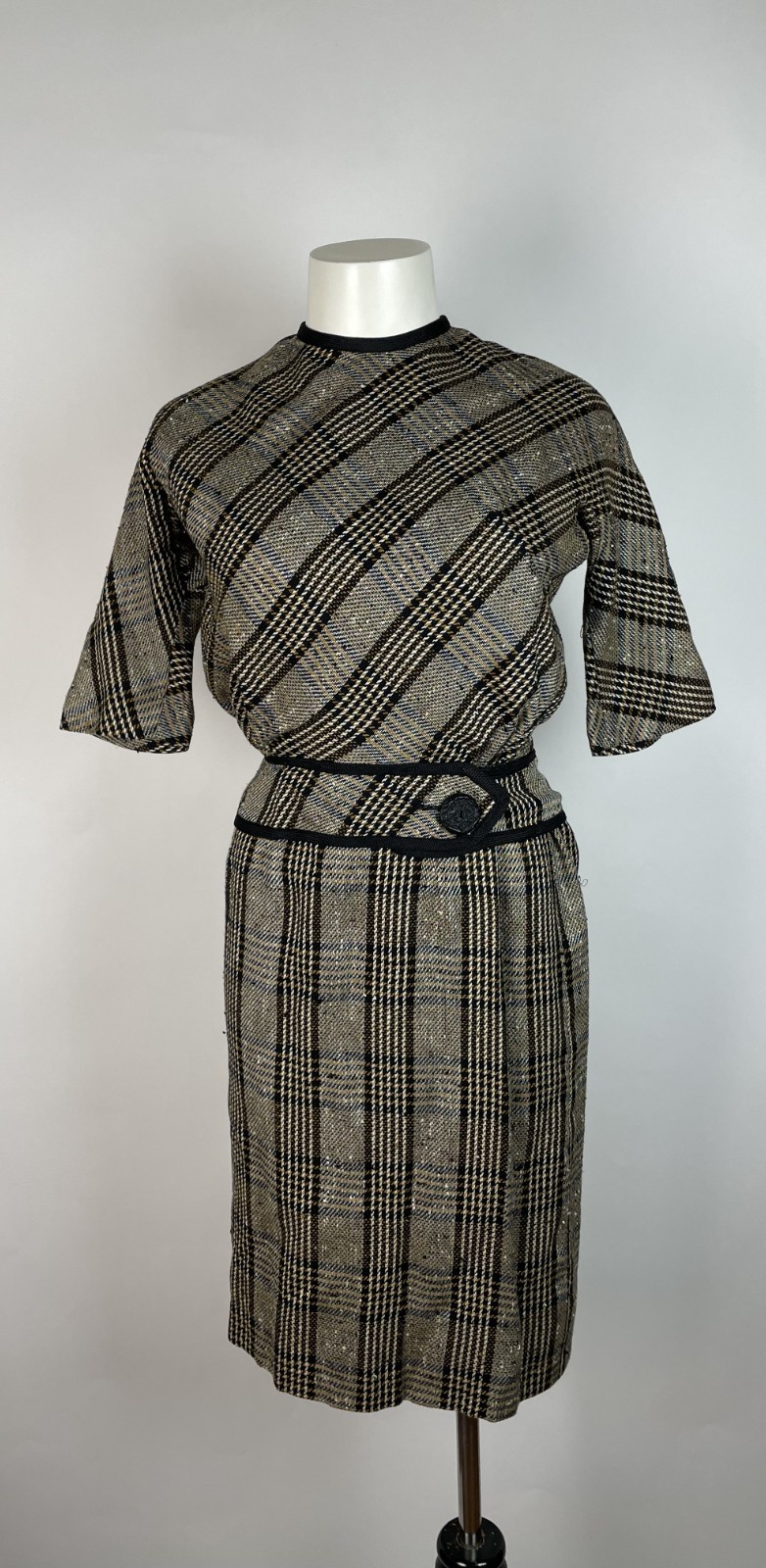 Vintage 50s HOWARD WOLF Belted Plaid Dress Silk Blend 36&Prime; Bust NEEDS ZIPPER SZ 9