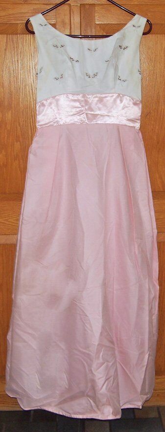 Vintage Ladies Gown 1960&rsquo;s embroidered satin full length 52&Prime; long