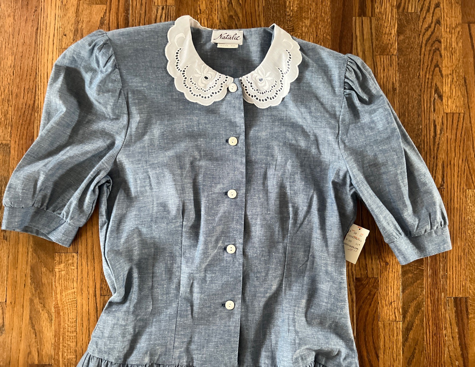 Vintage Light Blue Denim Chambray Modest Cottagecore Dress w/Lace Collar Sz 9/10