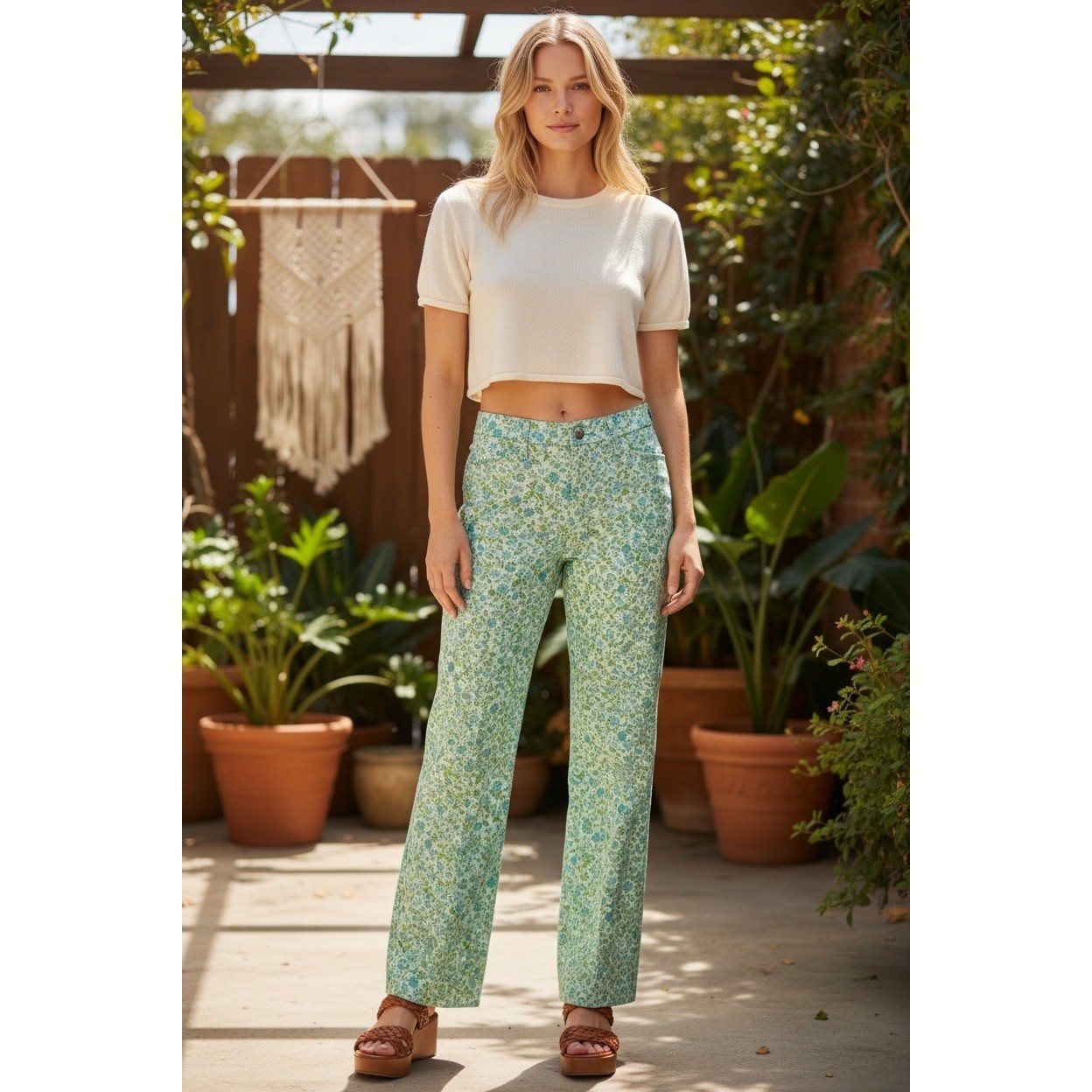 Miss Holly Vintage 60s 70s Floral High Waist Cotton Straight Leg Pants Green