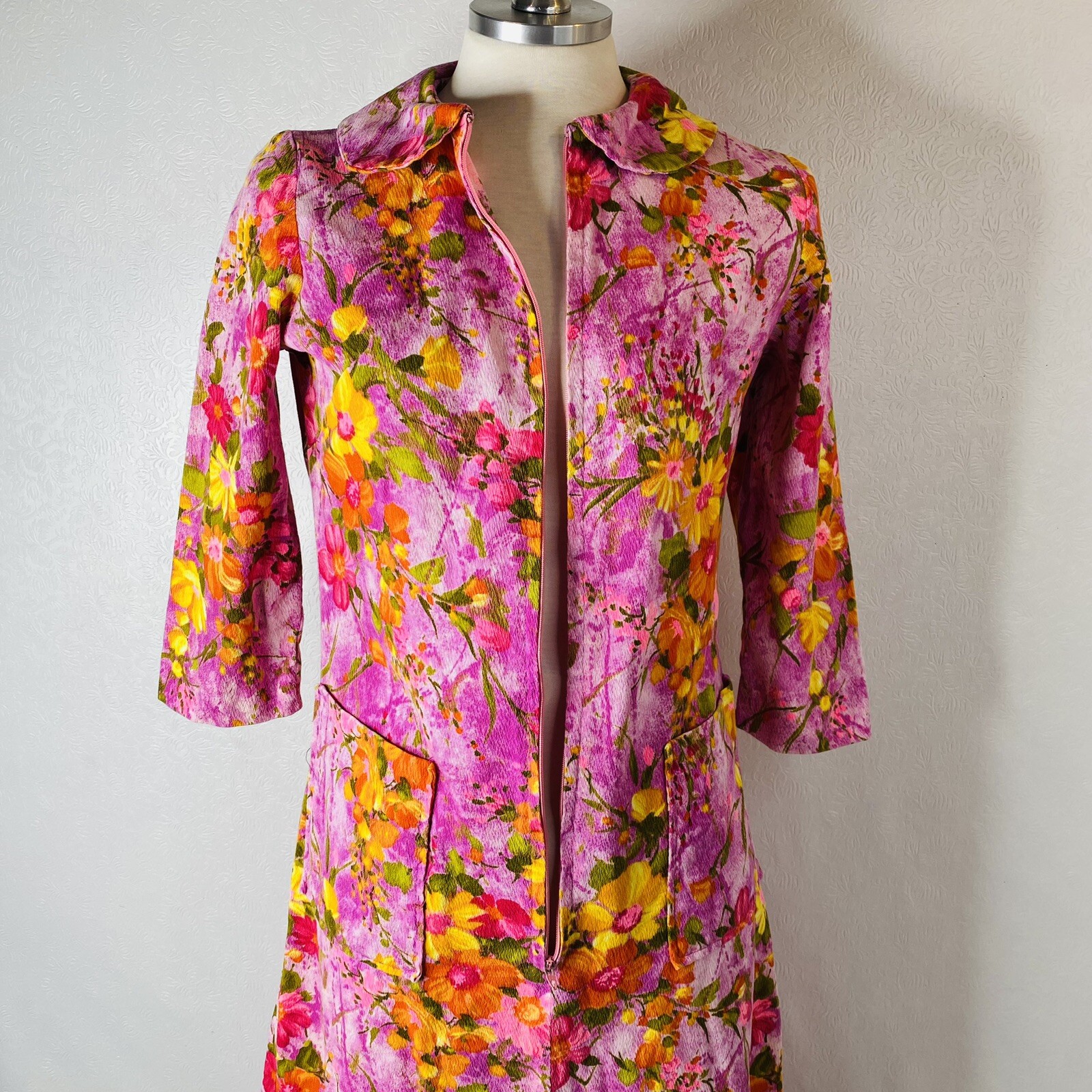 Vtg 60s 70s Midi Dress sz S Purple Floral 3/4 Sleeves Pockets Handmade Unbranded