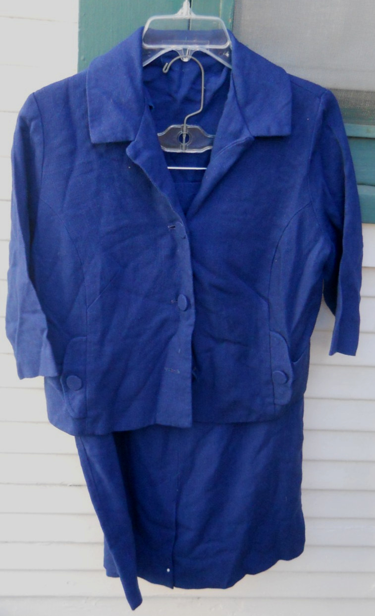 VINTAGE 60&rsquo;S WOMEN&rsquo;S 2PC BLUE LINEN JACKET & SKIRT SUIT SZ SM/MED NO LABEL