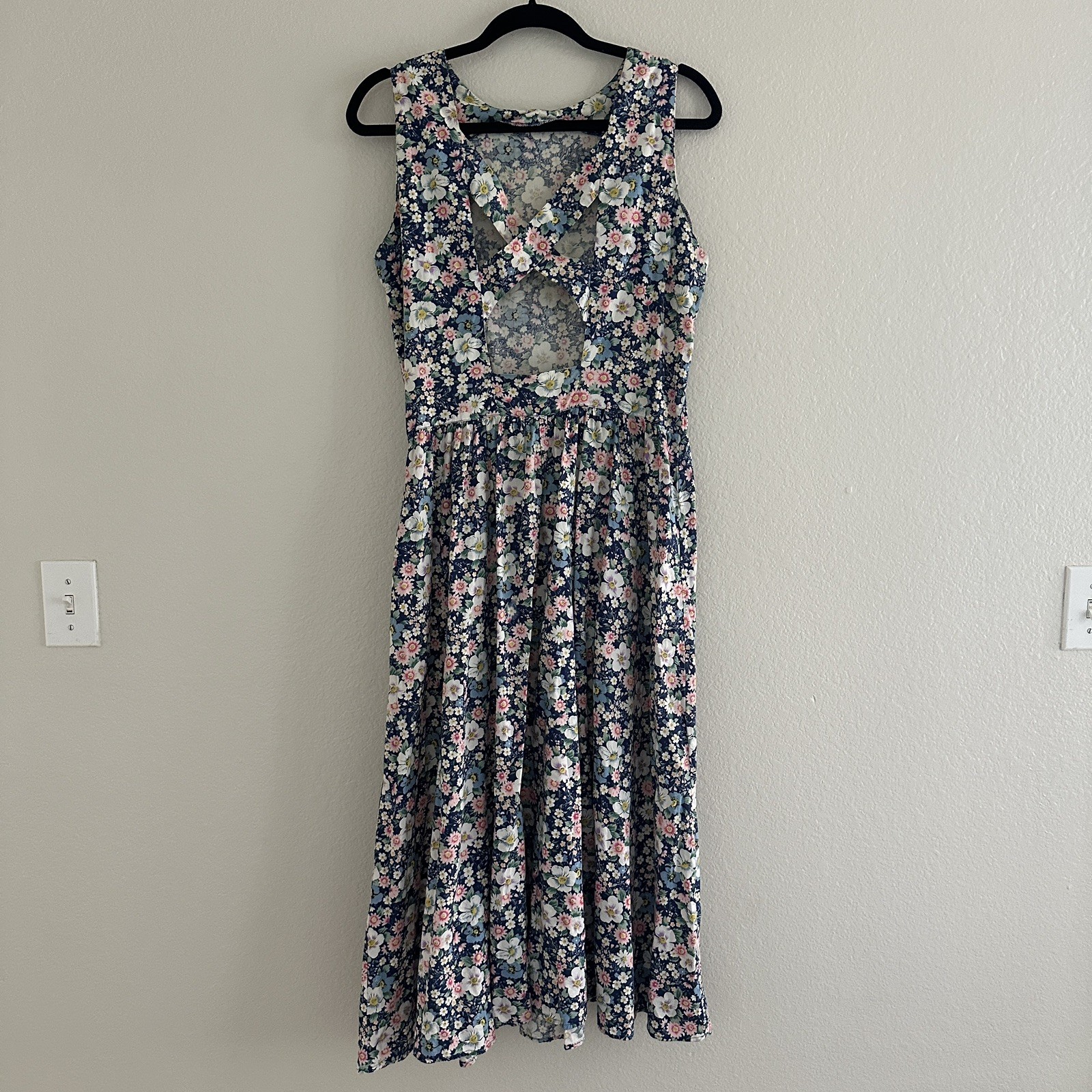 Vintage 80s Dress Large Sundress Floral Print Cotton Fit Flare Cottagecore