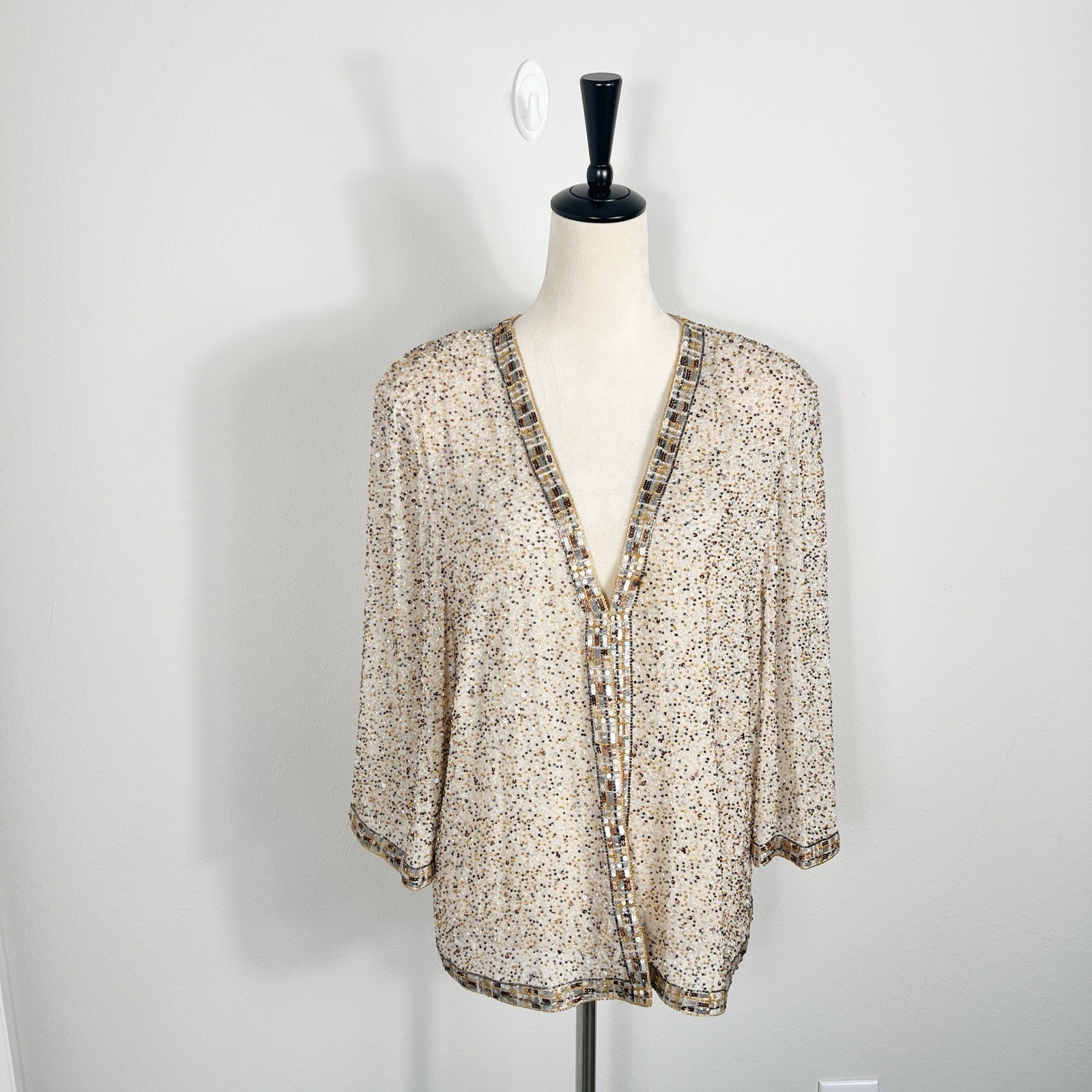 Vintage 80s FRANK USHER Jacket Eveningwear Silk Sequin Beaded Beige Sparkl Large