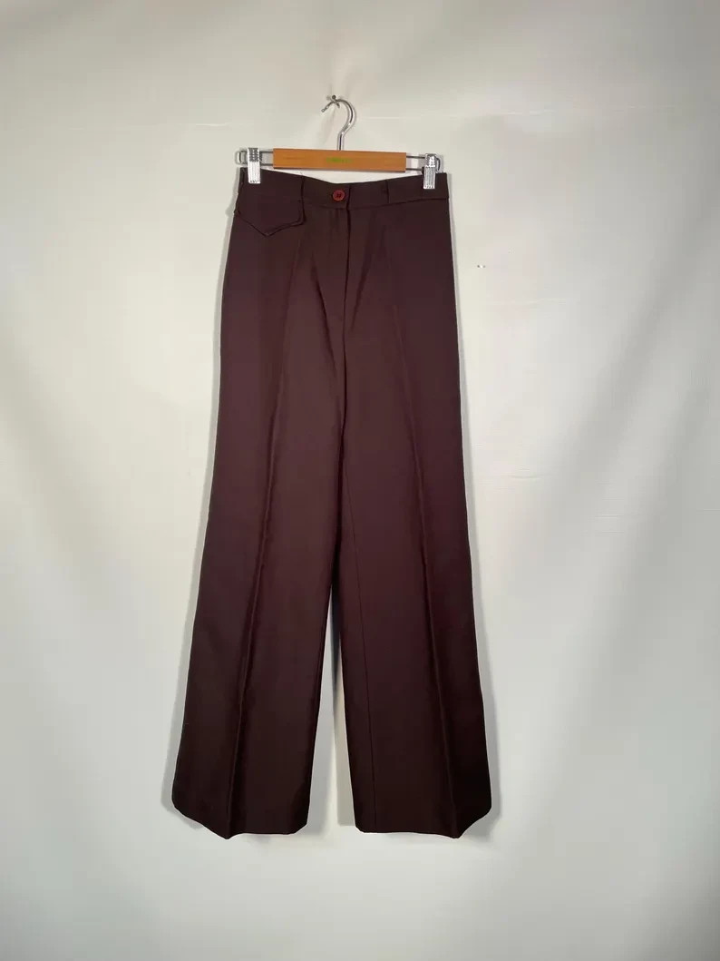 Vintage 1970s Brown Polyester Sears Jr Bazaar Bell Bottoms Wide Leg Pants 26 W