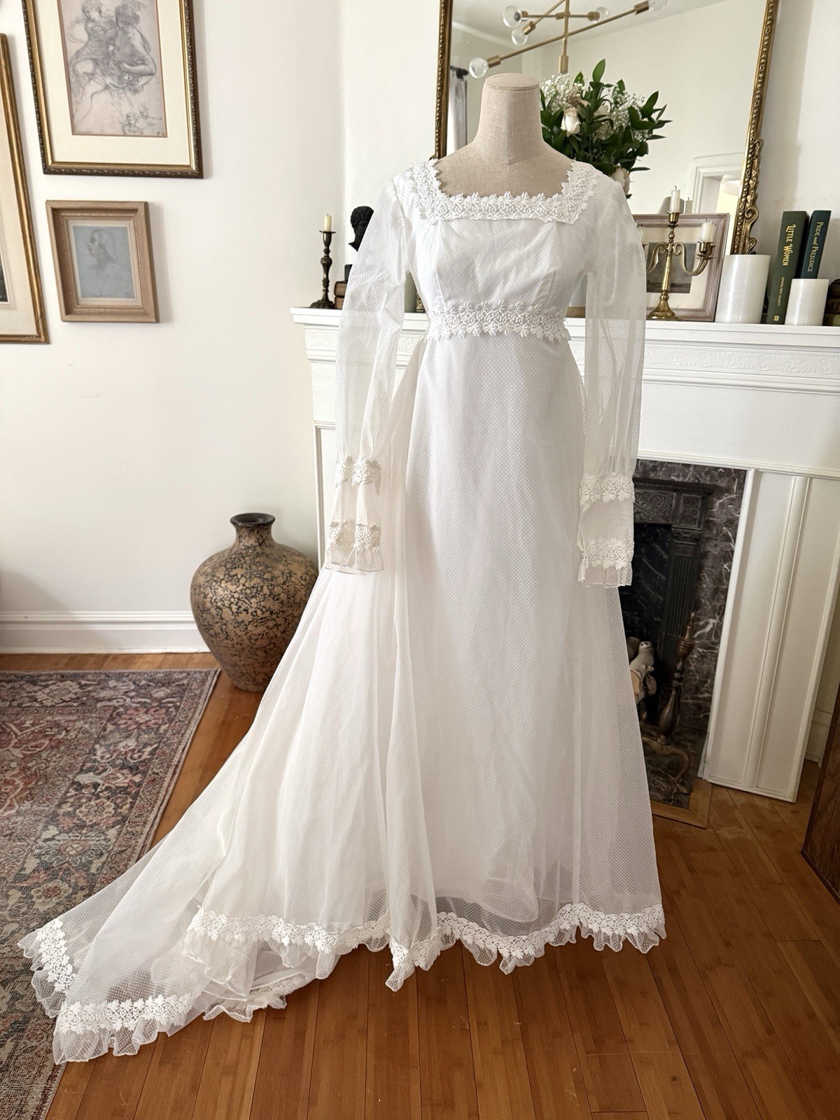 Vintage Handmade Regency 1970s Long Sleeve Wedding Dress Gown with Train