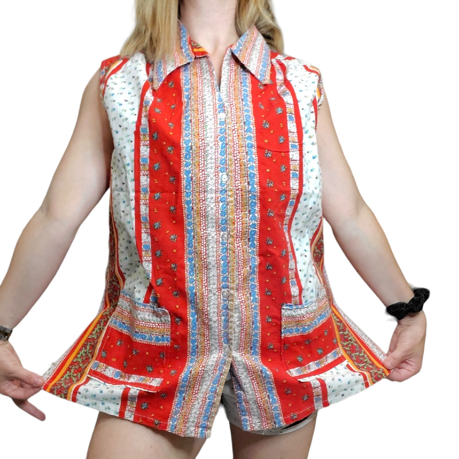 Vintage 70s Red Boho Belted Tunic Collared Smock Sleeveless Floral Shirt L/XL