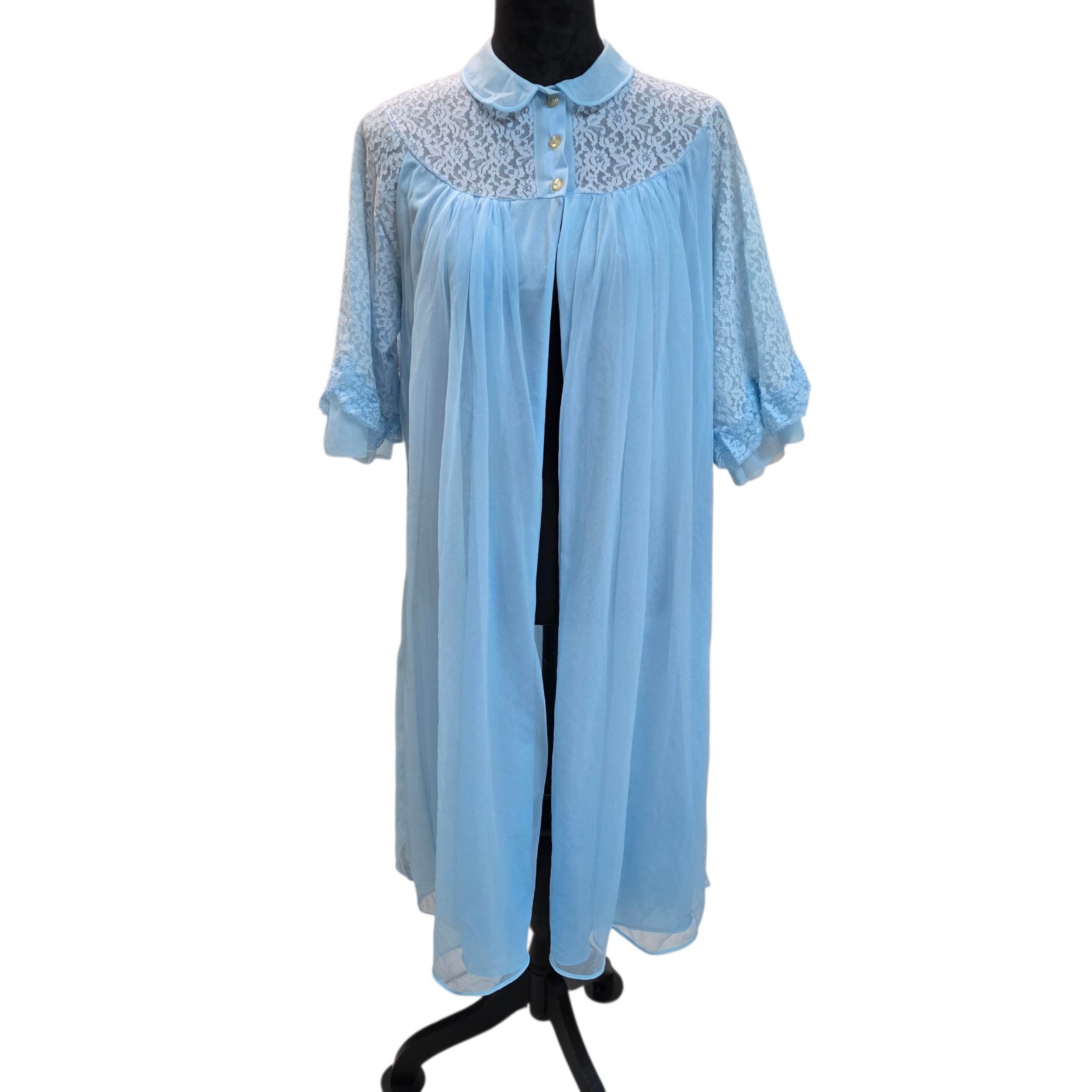 Vintage 50s Texsheen Peignoir Robe Chiffon Lace Powder Blue Size Small USA