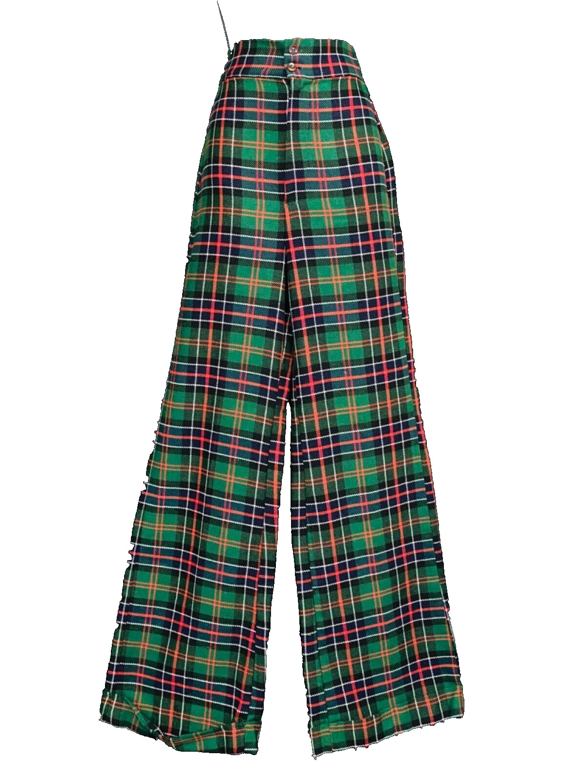 Vintage 1970s green plaid pants, wide leg red bell bottom high waist slacks