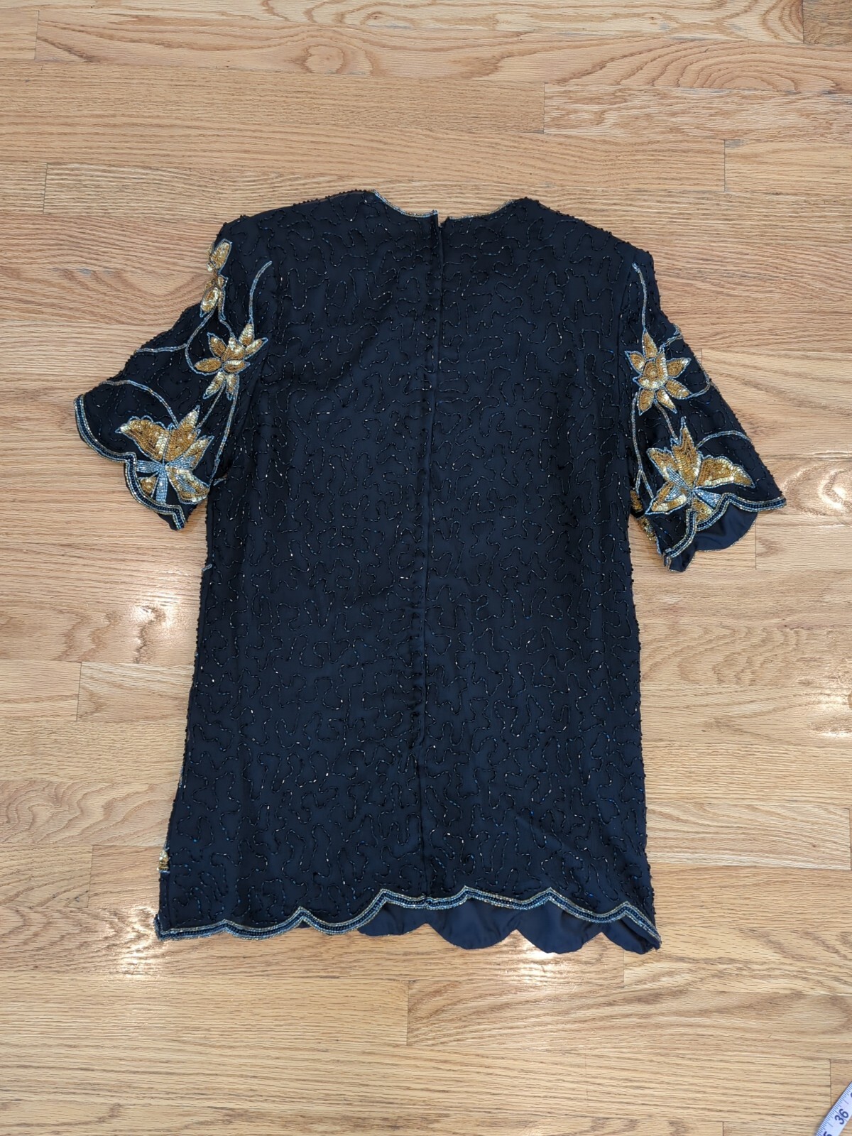 Vintage 80s Stenay black and gold sequin beaded silk blouse top M