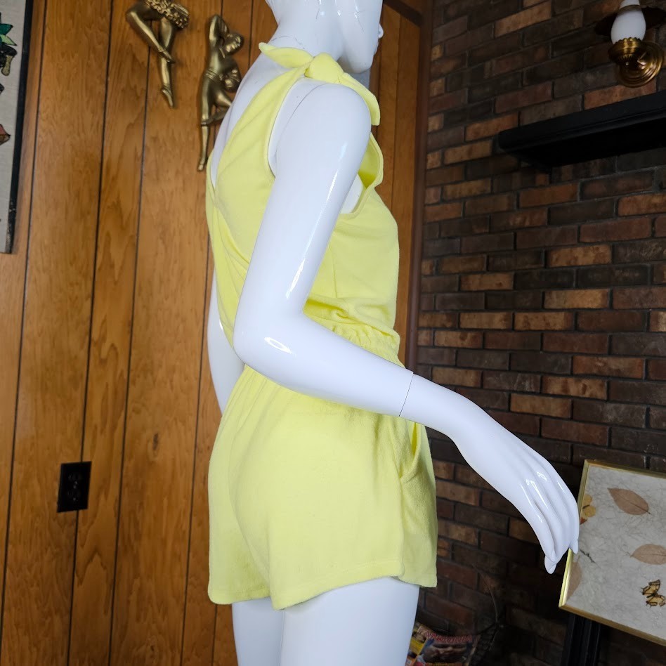 Vintage 80s Playsuit Terry Cloth Bathing Suit Coverup Cheeky Shorts Romper S/M