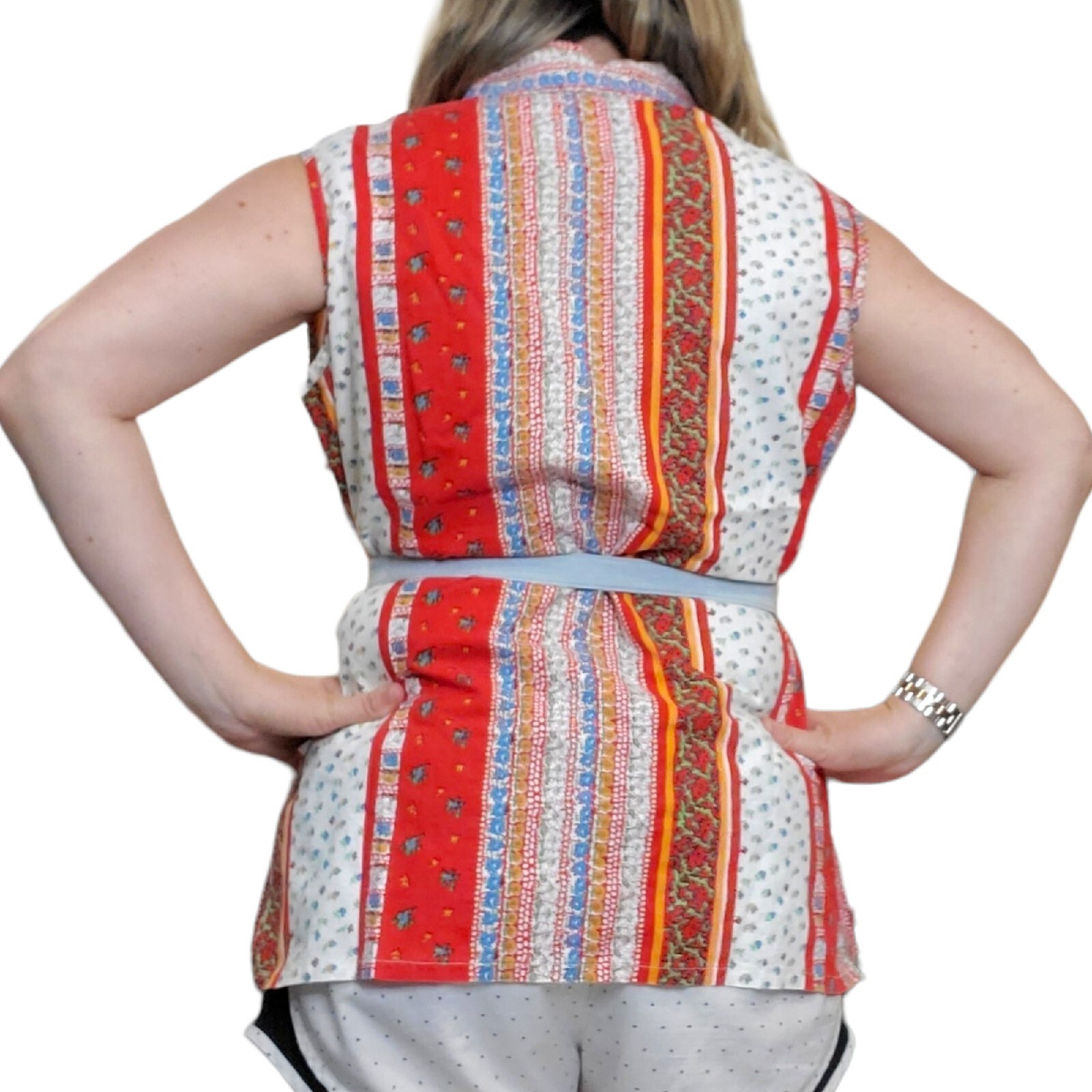 Vintage 70s Red Boho Belted Tunic Collared Smock Sleeveless Floral Shirt L/XL
