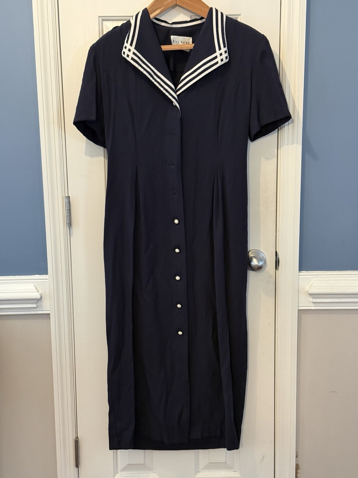 Miss Dorby Navy White Sheath Midi Dress Collared Button Size 10 Vintage Classic