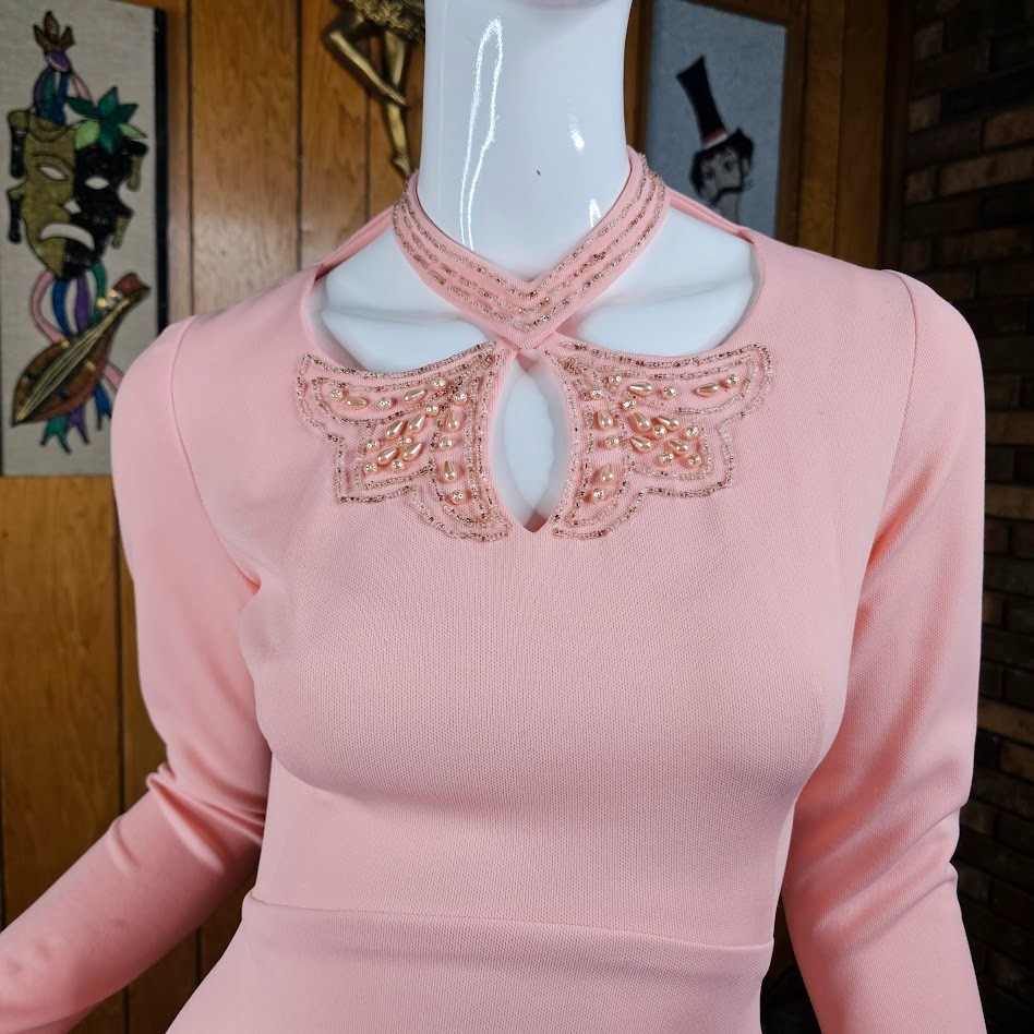 Vtg 70s Mod Bubblegum Pink Beaded Cut Out Neckline Alfred Werber Evening Dress M