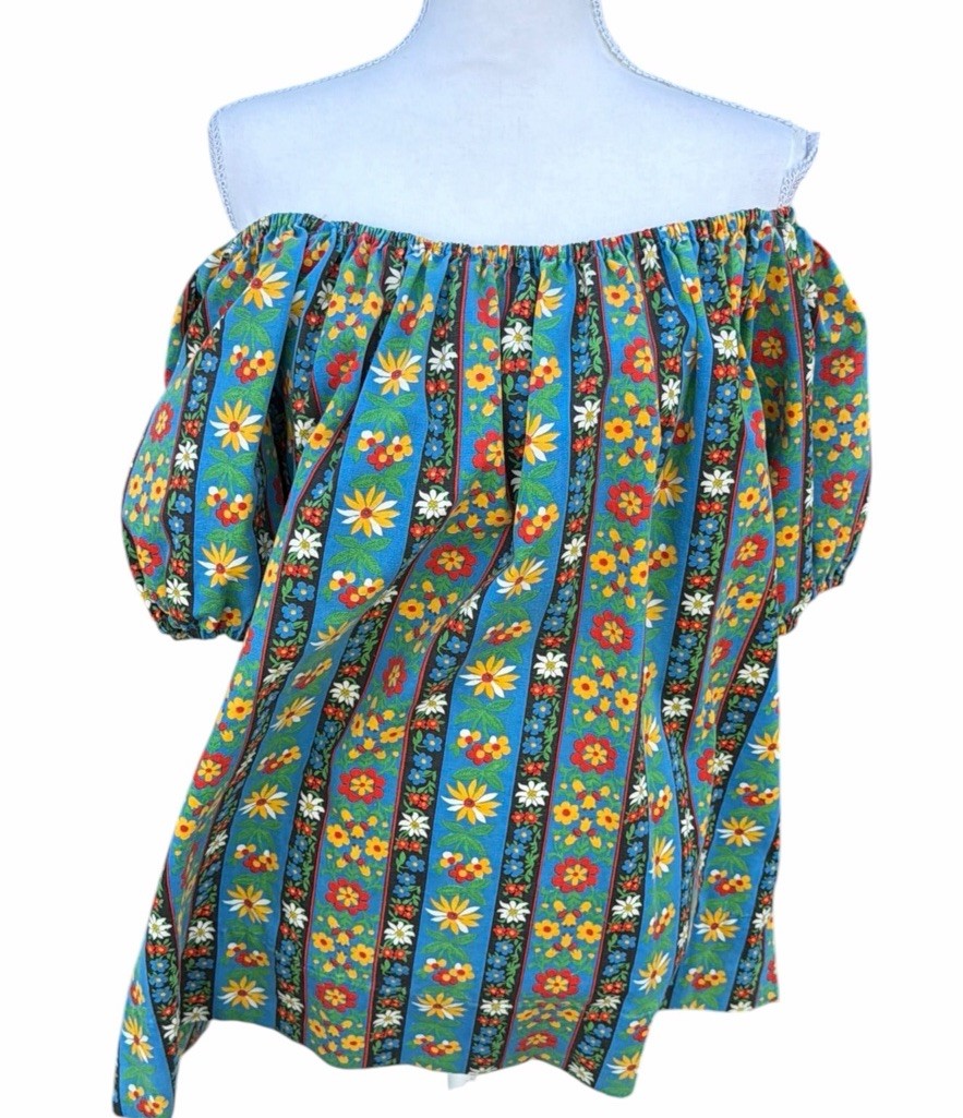 Vintage 70s Handmade Psychedelic Floral Tunic Top 2X Cotton Off Shoulder