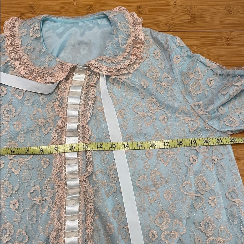 Odette Barsa Lace Lingerie Slip Dressing Gown Robe Medium Peignoir Blue Cream