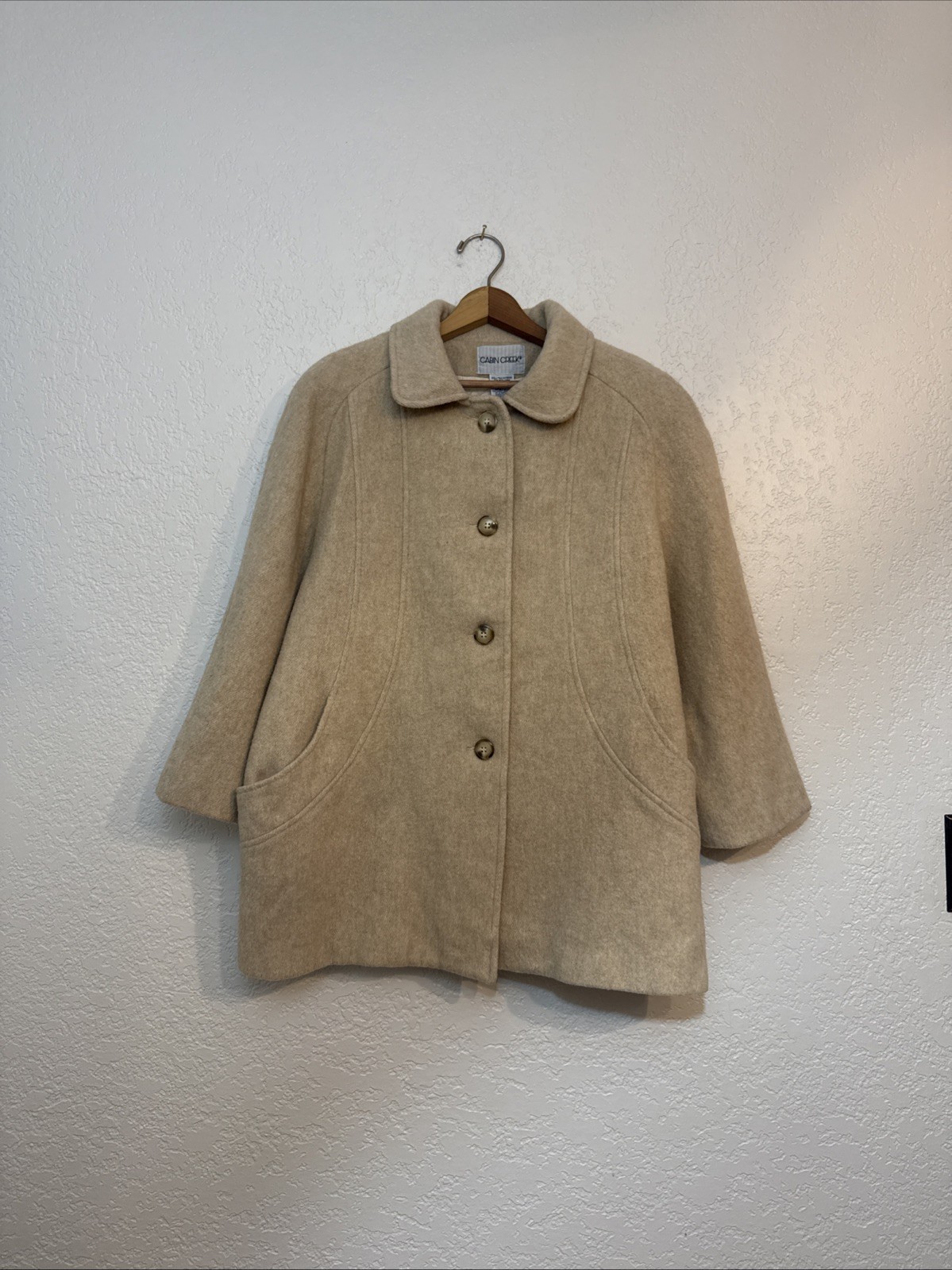 Vintage Cabin Creek Wool Blend Coat Beige Oversized 3/4 Sleeve Lined Women&rsquo;s
