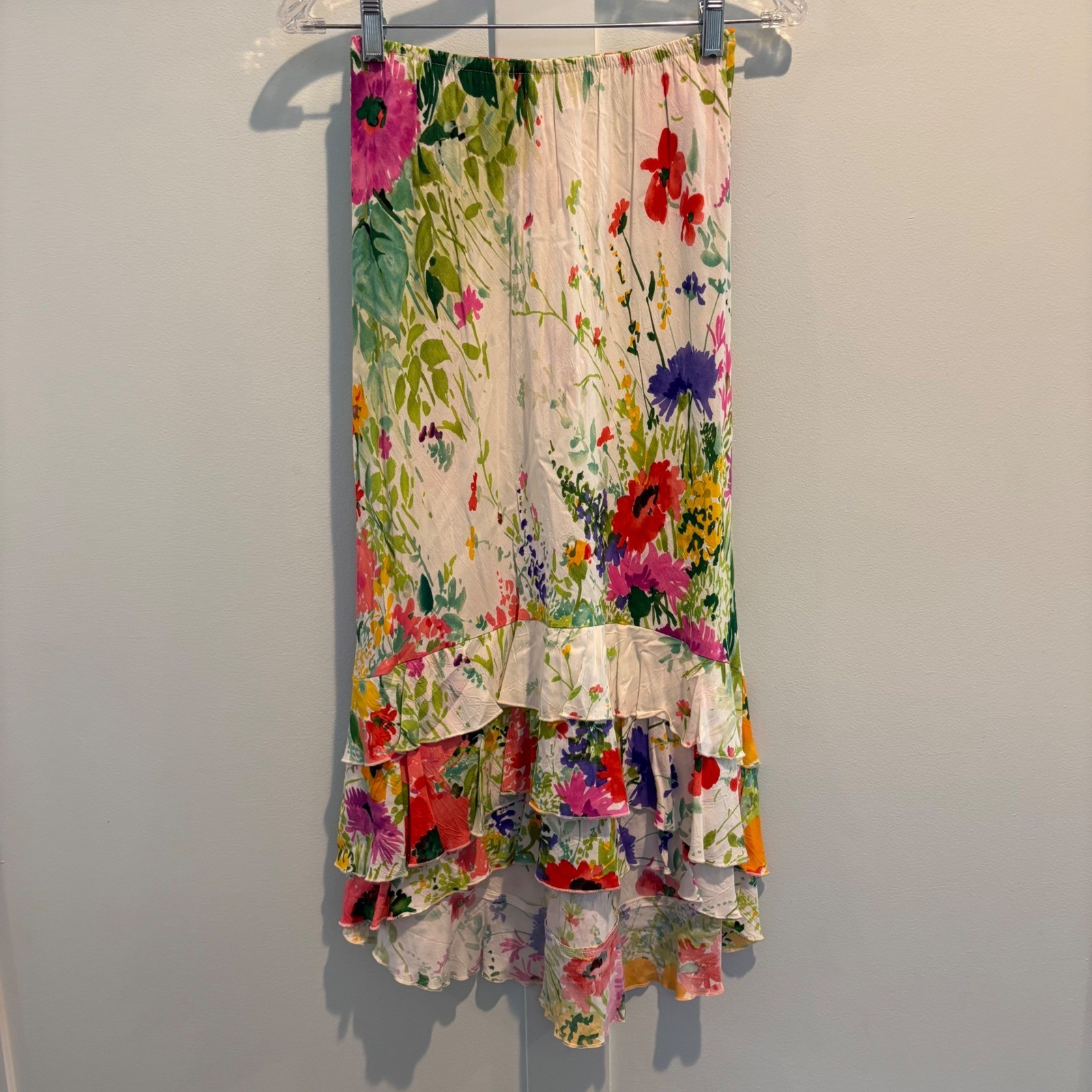 Vtg Jams World Small Floral Maxi Ruffle Skirt Rayon Cottage Bouquet Resort Art