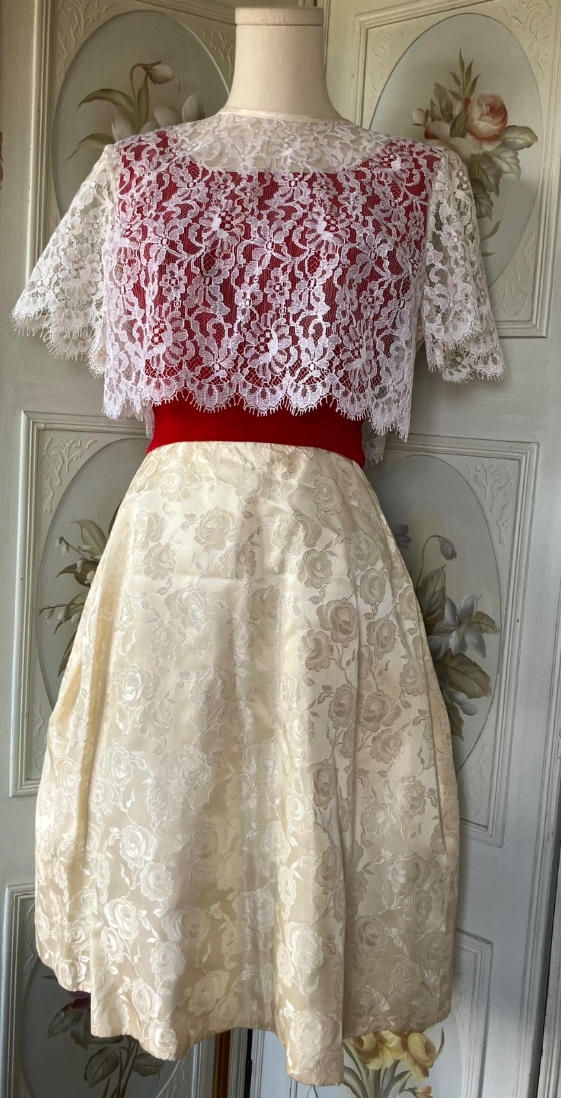 NWOT NEW VTG 50s PARTY DRESS SLVLSS RED VELVET CREAM JACQUARD+LACE SHRUG 13/14