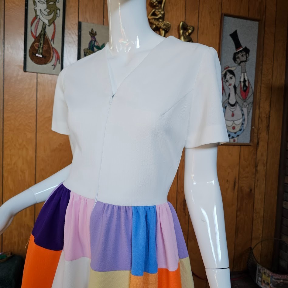 Vtg 70s Hippie Patchwork Rainbow Quilted Skirt Homespun Maxi Zip Front Dress S/M