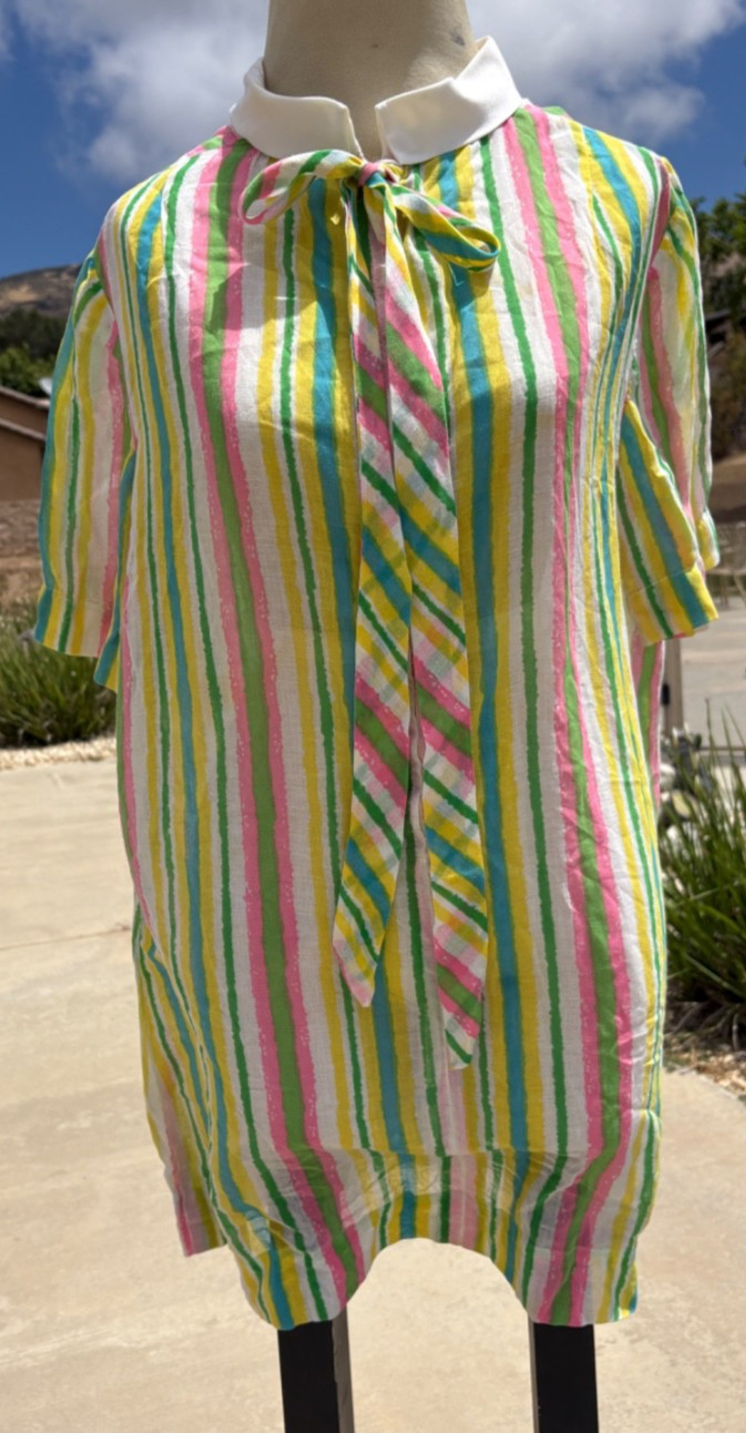 Vintage 60s Handmade Circus Rainbow stripe Parachute Dress Sheer L Needs TLC