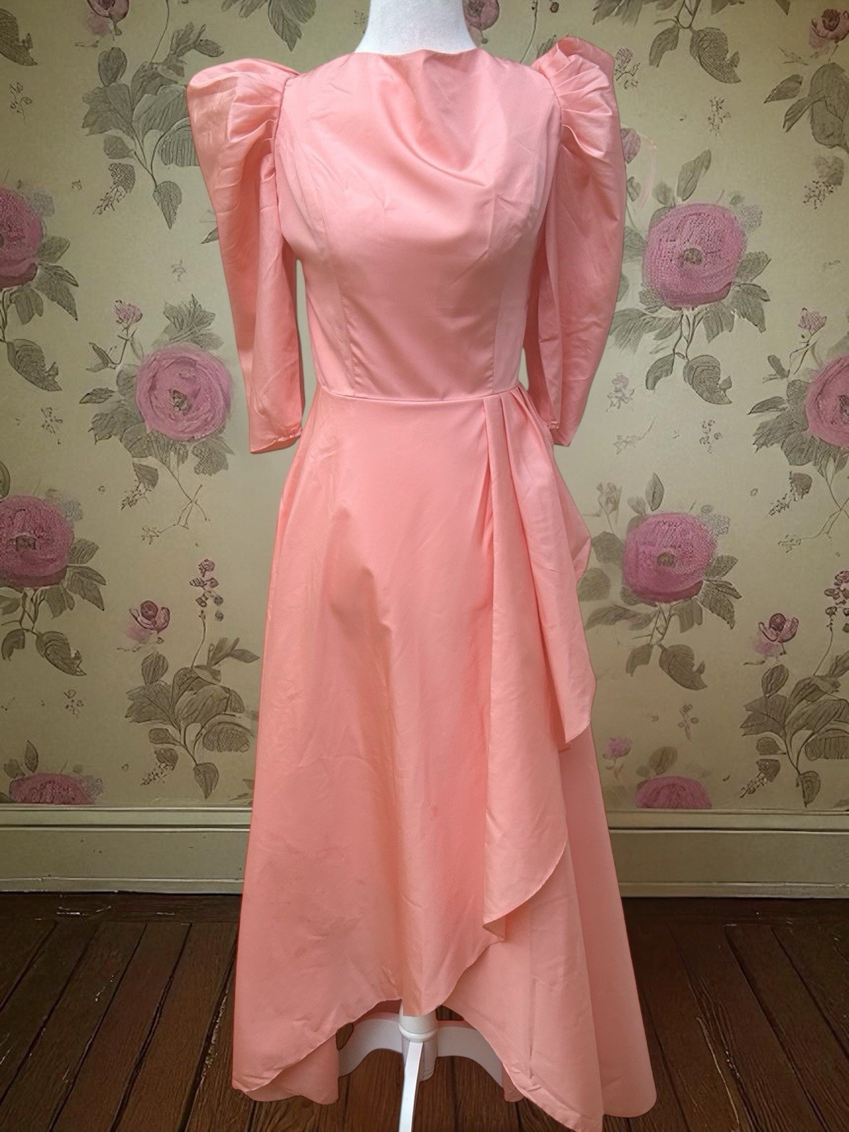 Vtg 1980s Prom Dress Pink Peach Satin Gown Puff Sleeve Princess Victorian 28”w S