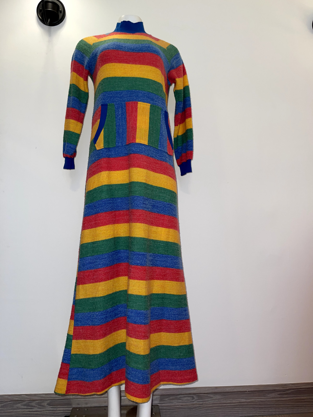 Vintage blue, red, yellow, and green striped cotton sweater maxi dress with kang