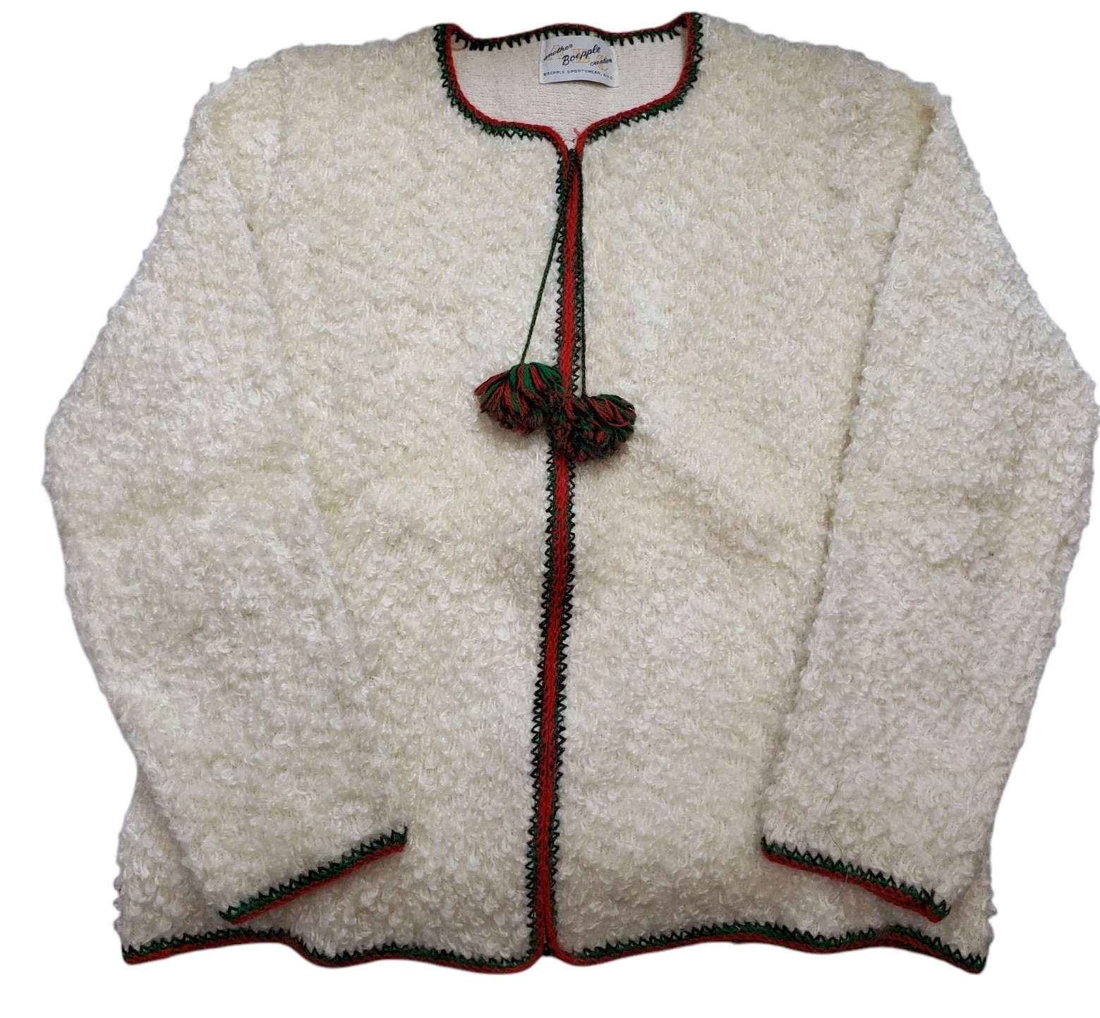 VTG Another Boepple Creation 100% Wool Zipper Pom Pom Sweater Cream USA S/M