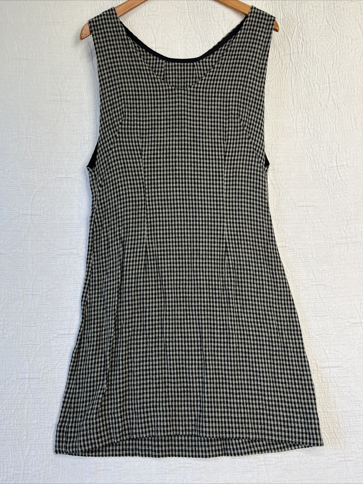 Vintage Wool Gingham Plaid Jumper Dress Pinafore Black Grey Homemade Pullover M