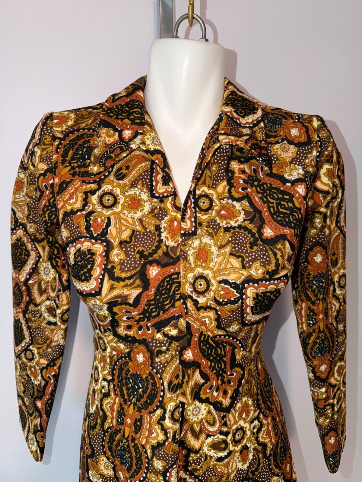 Vintage 70s Boho Psychedelic Paisley Floral Maxi Dress Earth Tones Medium Hippie