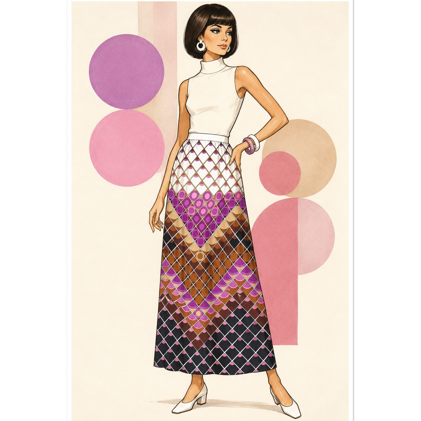 60s-70s Mod Psychedelic Maxi Skirt Purple Geometric Diamond Print Vintage Boho M