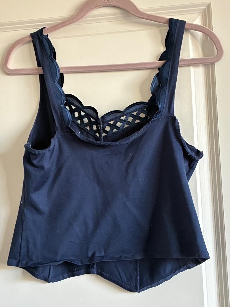 Vintage 1980s French Cotton Camisole Scalloped Neckline Lattice Detail