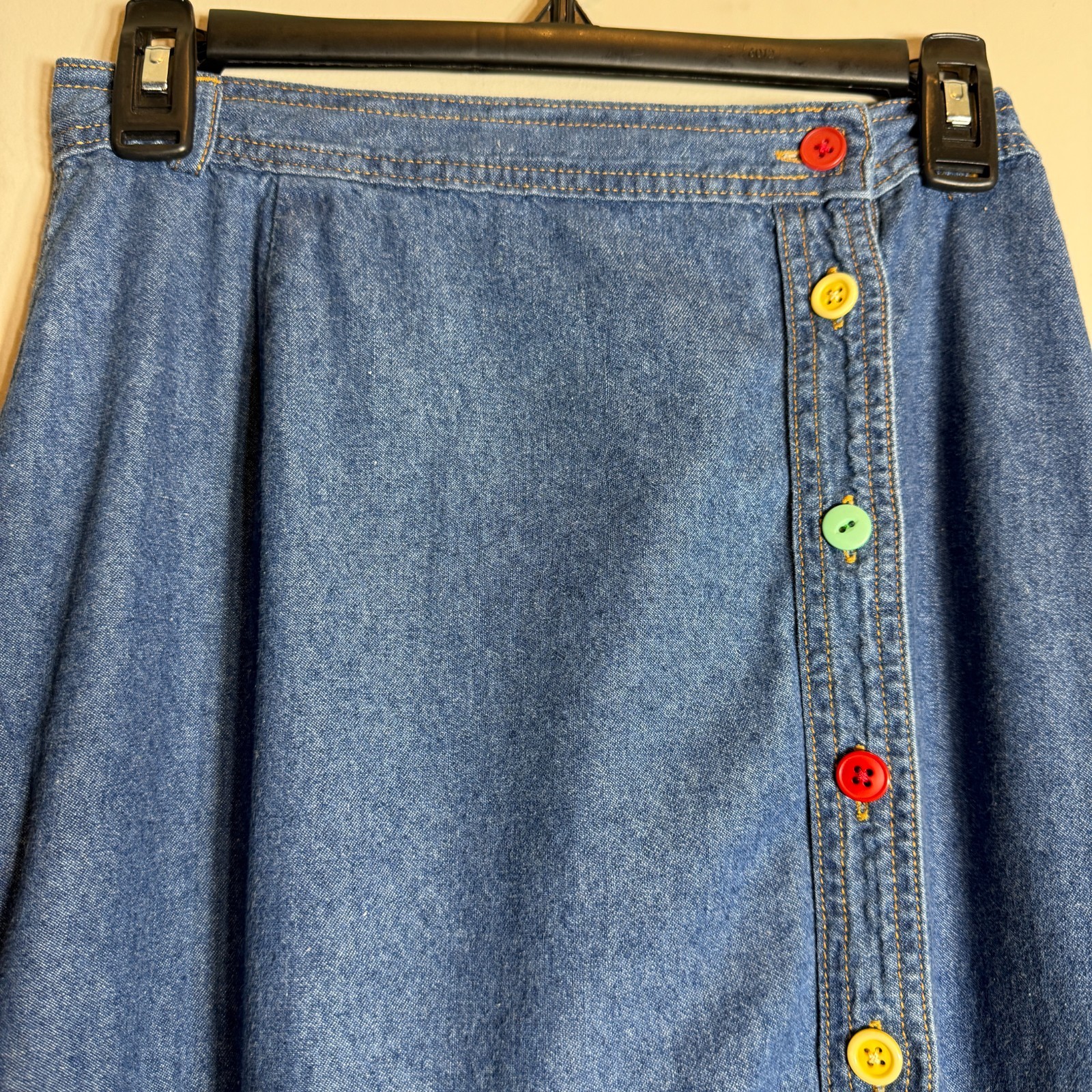 Vintage 100% Cotton Denim Button Up Maxi Skirt Women&rsquo;s 8 Colorful Twee Artsy 90s