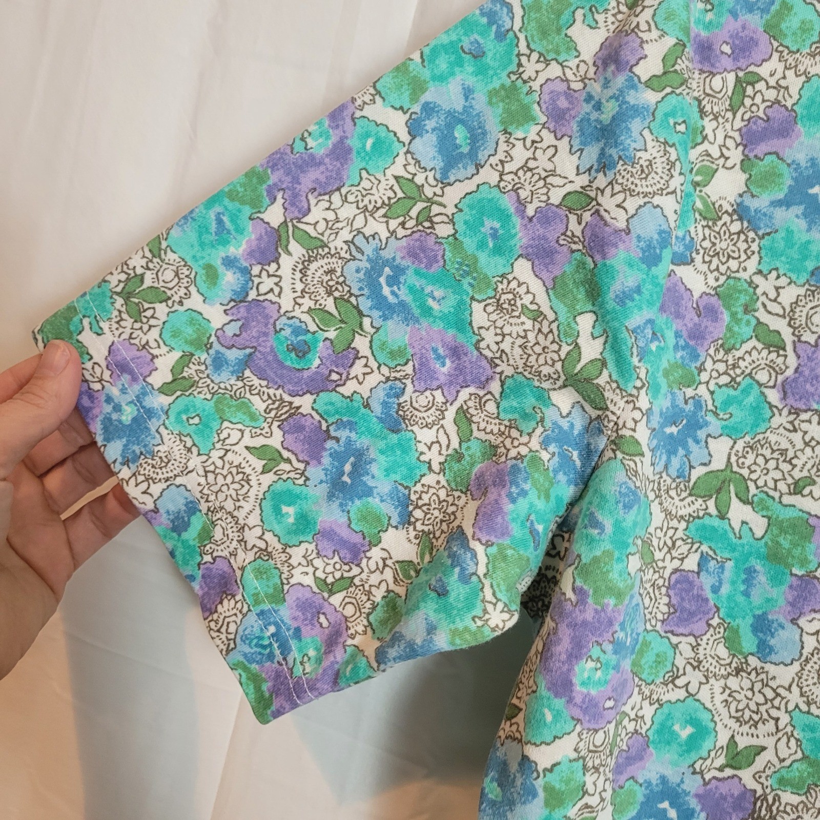 Vintage Lands End Floral Midi Dress Womens Large Teal Purple Cotton Blend USA