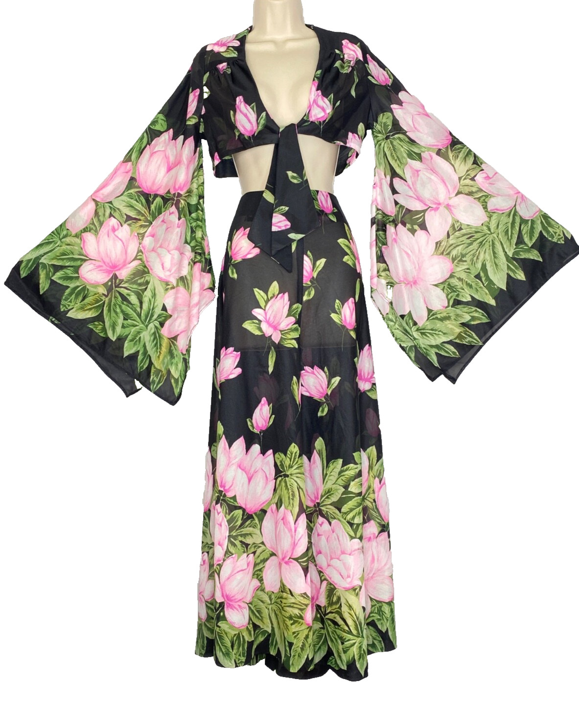 Vintage 1970s CLIMAX pink black floral outfit bell sleeve maxi skirt crop top