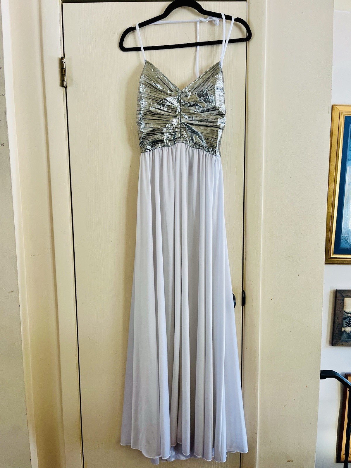 VTG 70s Silver Metallic Grecian Disco Ethereal After Six Maxi Halter Dress Xs