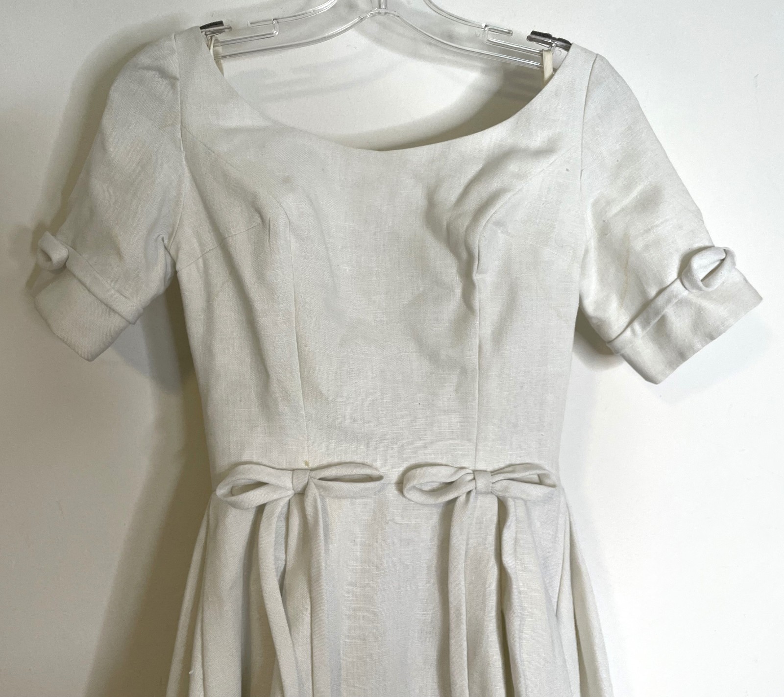 Vintage 40s Irish Linen Wedding Dress XS S Button Back Bows Long Train SS 0 2 4