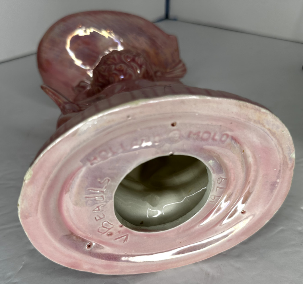 Holland Mold Ceramic Pink Iridescent Cherub on Dolphin Trinket Soap Dish – 1979