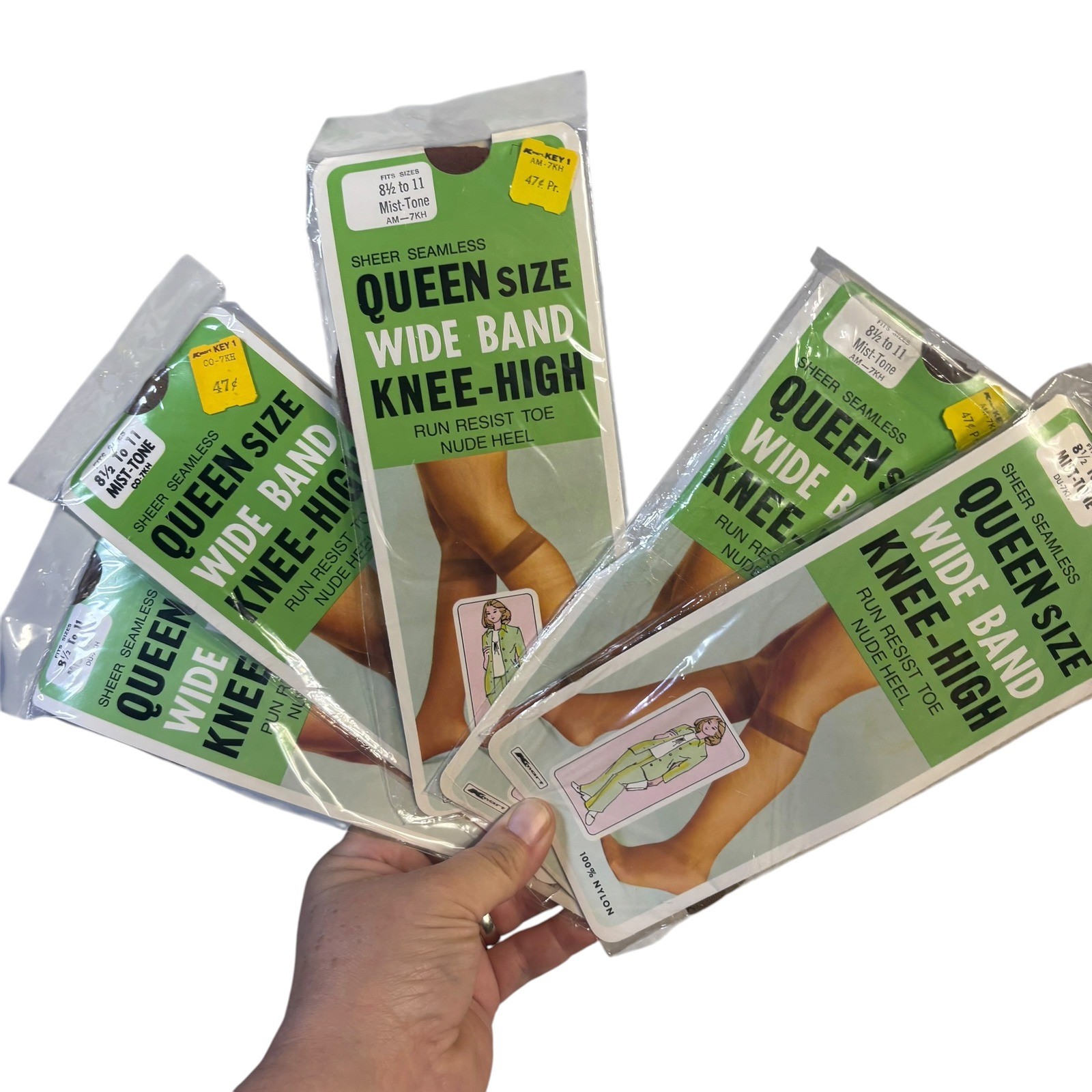 Kmart Queen Size Wide Band Knee High Stockings Mist-Tone 5 Pairs USA K-375 VTG
