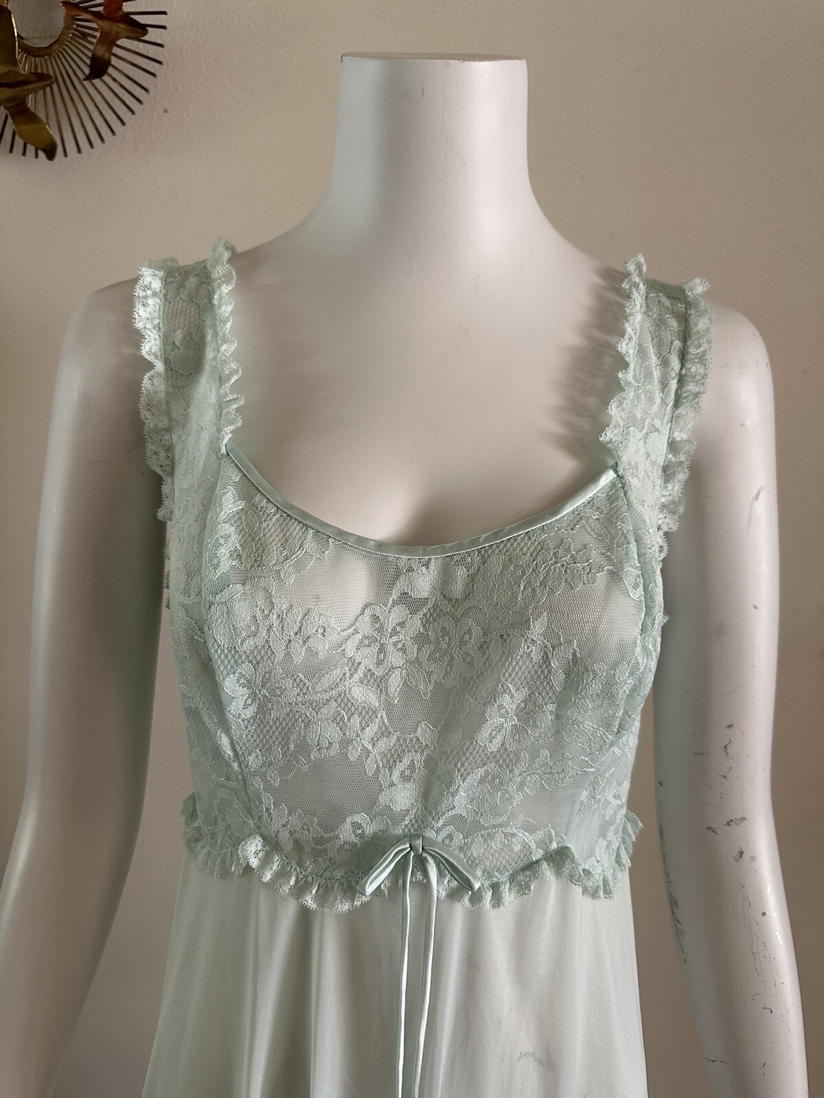 1960s Vanity Fair Mint Green Nylon Tricot Lace Nightgown Slip Dress Negligee VTG