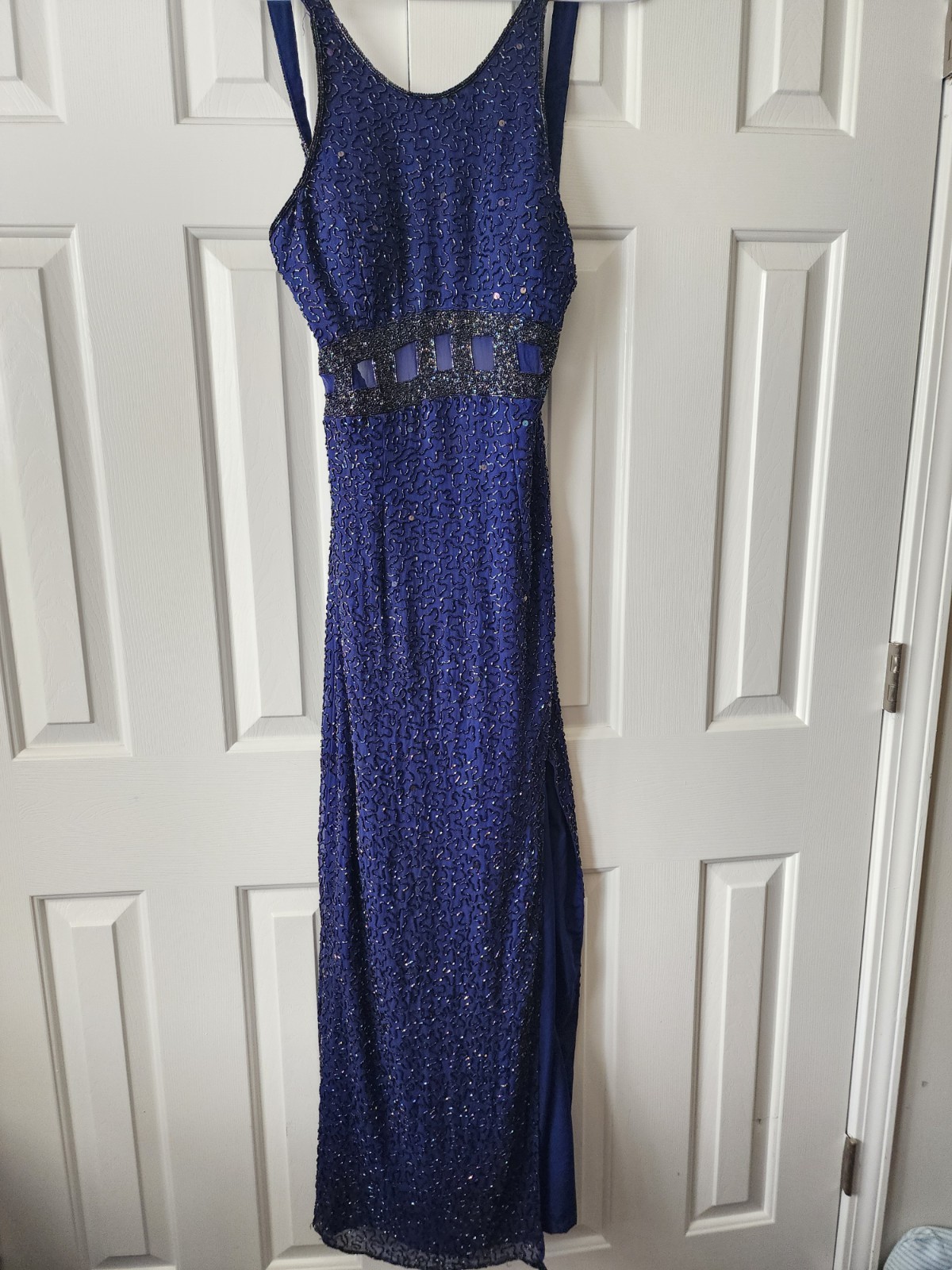 VTG Andretta Donatello Blue Beaded Formal Gown Backless Event Silk L