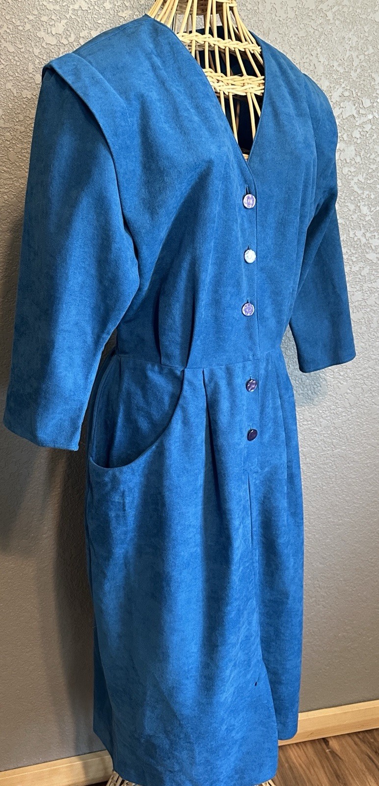 Vintage 80s Blue Button Up Fitted Dress Sz 14 Secretary Lightweight USA Office