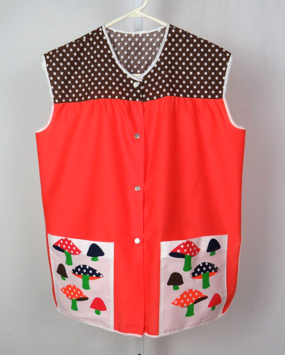VTG 1960s MOD MUSHROOMS SMOCK TOP ORANGE BROWN ROPE BELT 42&Prime; BUST 26 1/4&Prime; LONG